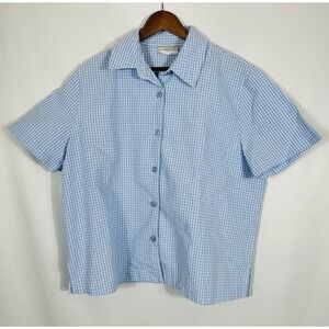 Vintage Blue Searsucker Gingham Plaid Boxy Crop Button Up Top Picnic Cottage XL